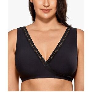 DELIMIRA Soft Sleep Bra Womens 42F/G Black Lace Trim Wireless Wide Strap W588‎